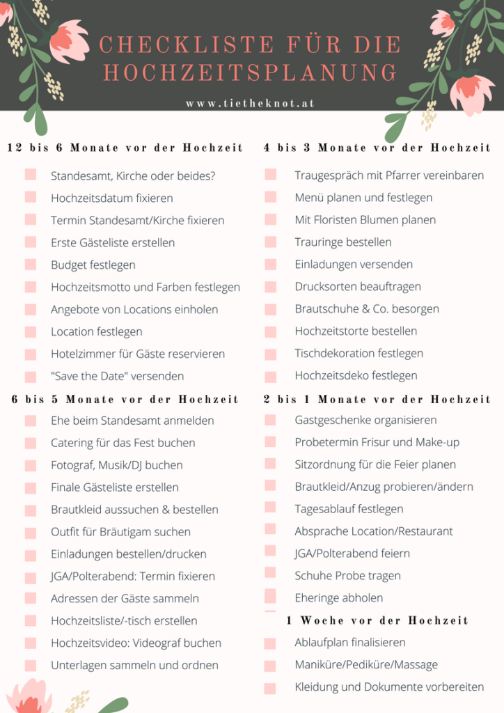 Checkliste für die Hochzeit Checkliste als Download zum Ausdrucken