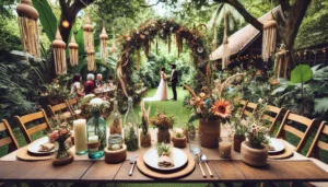Nachhaltige Hochzeit planen: Braut und Bräutigam stehen unter einem wunderschön geschmückten Bogen im Garten